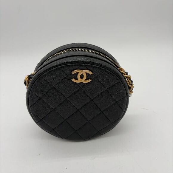 CHANEL Handbags - CHANEL Round Quilted Min Crossbody Bag-Black Caviar-Gold Authentic
